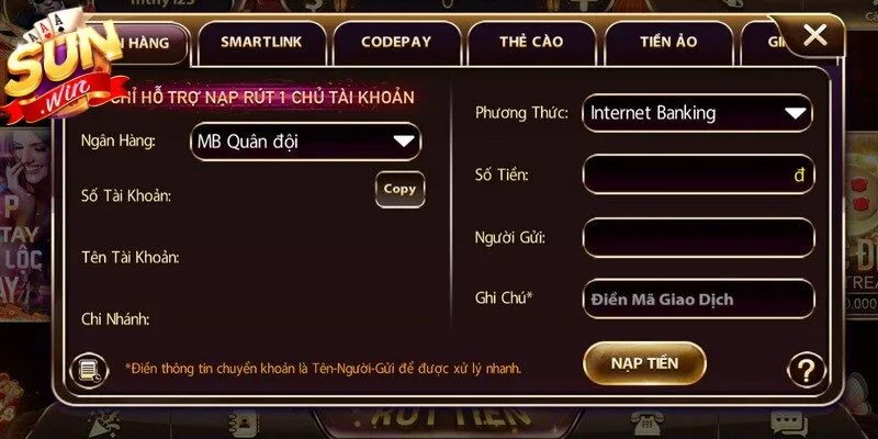 Giao dịch Sunwin cho phép người chơi thực hiện các thao tác nạp rút tiền